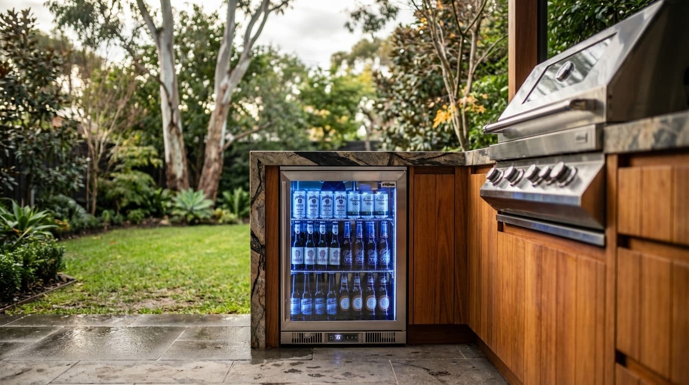 Rhino ENV1H bar fridge built into a Melbourne alfresco kitchen