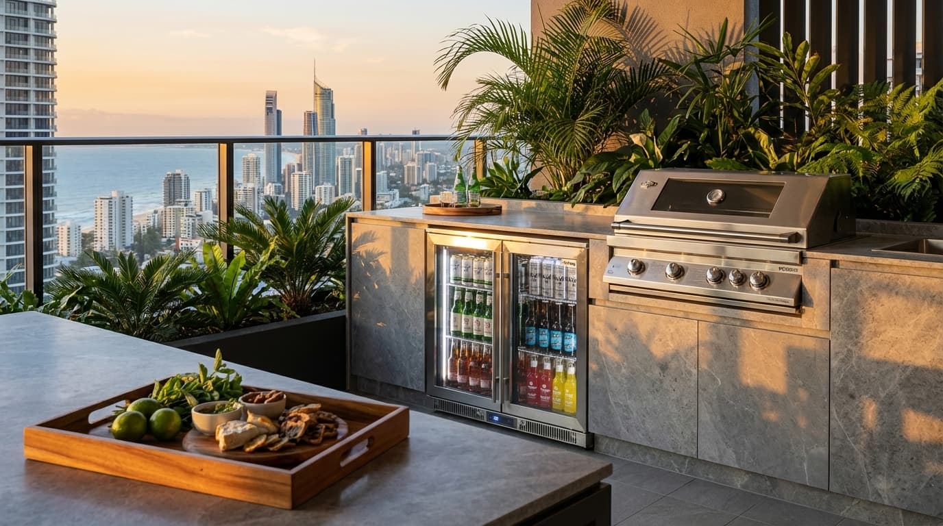 Rhino ENV outdoor bar fridge in a coastal Gold Coast entertaining area
