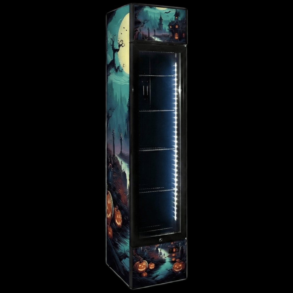 Halloween limited-edition custom branded bar fridge with orange jack-o-lantern vinyl wrap