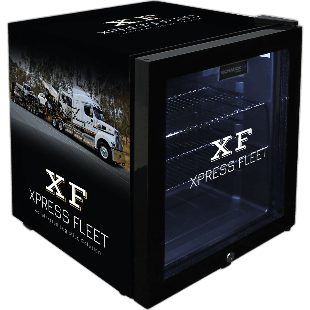 Xpress Fleet Solutions corporate branded glass-door bar fridge with matte fleet vehicle wrap