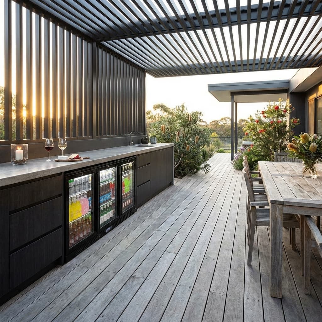 Commercial Glass 3 Door Black Under Bench Bar Fridge With Heated Glass To Stop Condensation - Model SG3H-B-HD styled in commercial setting