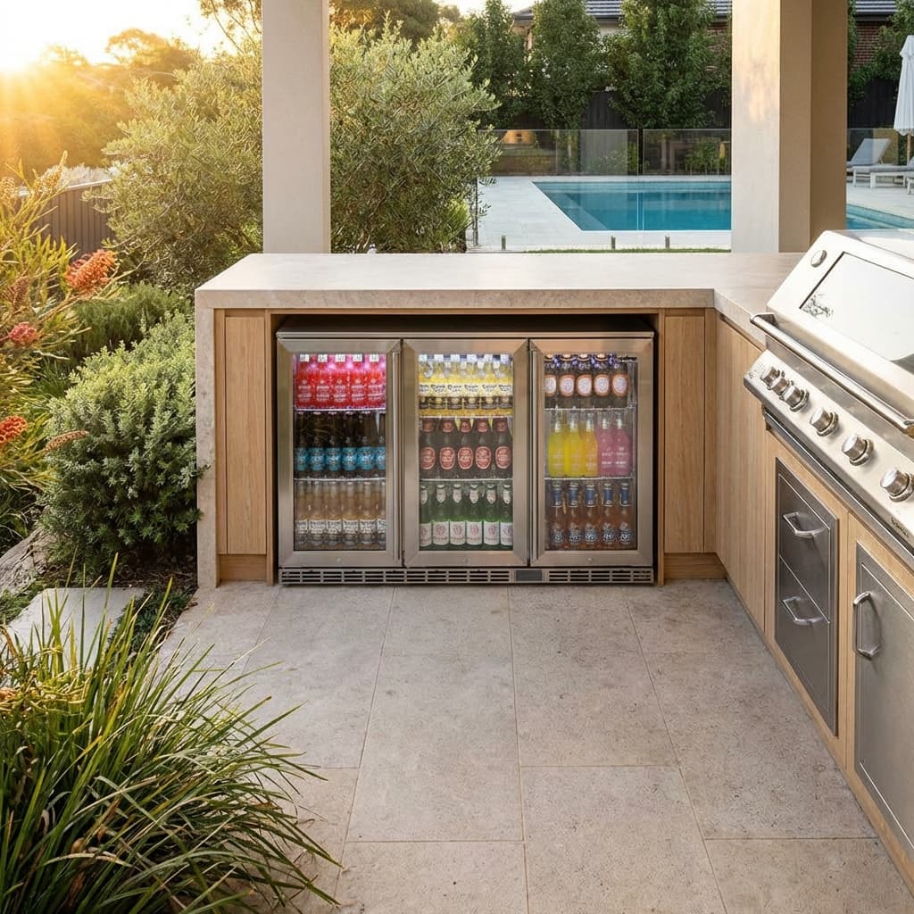 Rhino Glass 3 Door Alfresco Outdoor Bar Fridge All Stainless Energy Efficient Alfresco 330L - Model GSP3H-SS styled in outdoor entertaining setting