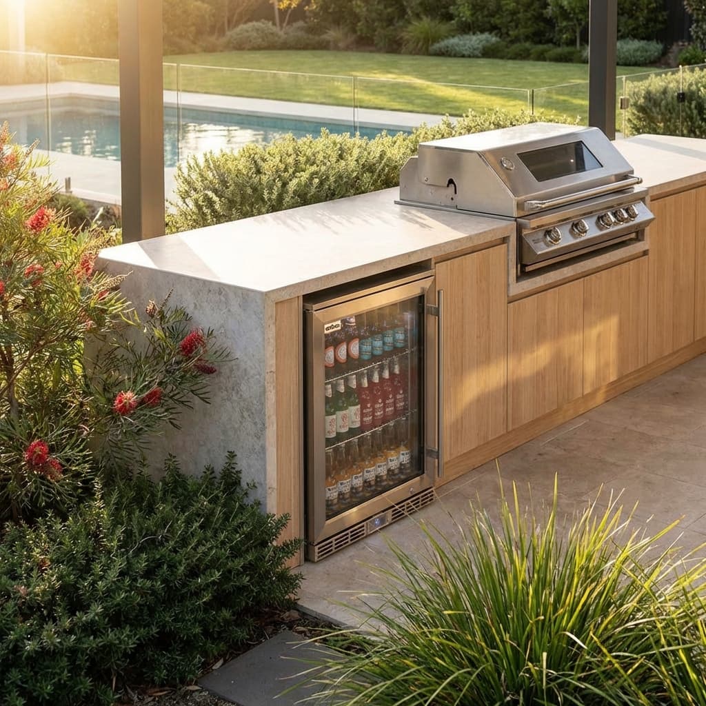 Rhino Alfresco Kitchen Glass Door Outdoor Bar Fridge Great For Cold Beer In Hot Climates - Model GSP1HL-SS styled in outdoor entertaining setting