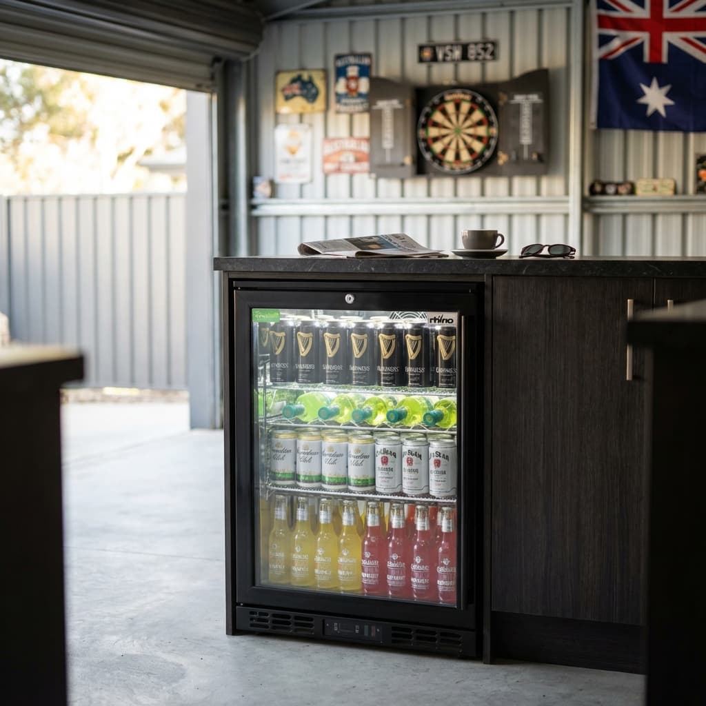 Rhino Black 1 Heated Glass Door Bar Fridge With Brand Parts And Low Energy Consumption - Model SG1L-B-HD styled in outdoor entertaining setting