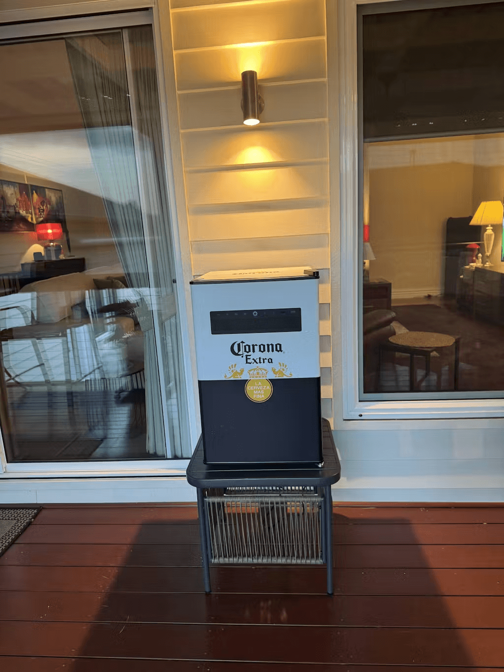 Corona Blue Tooth Speaker Disco Bar Fridge - Model BC70B-BTS-CORONA styled in outdoor entertaining setting